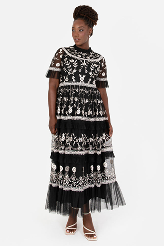 Maya Black and Ivory Plus Size Embroidered Tiered Midaxi Dress Maya | Curvy Chic Boutique Belfast