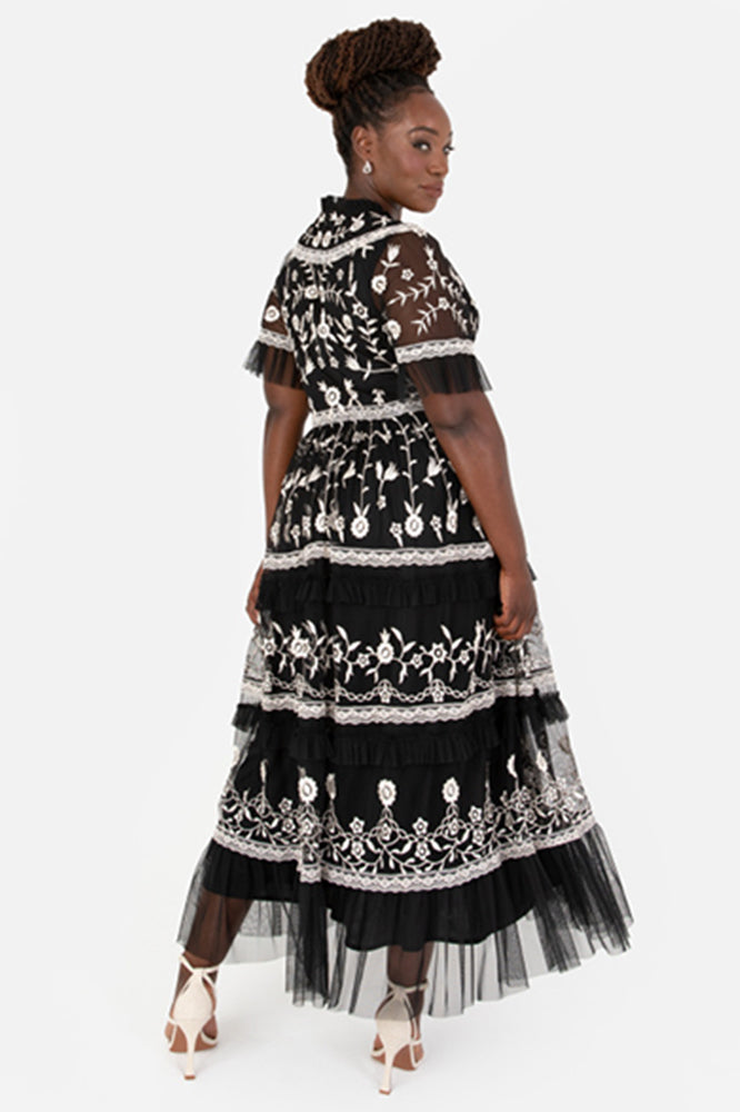 Maya Black and Ivory Plus Size Embroidered Tiered Midaxi Dress Maya | Curvy Chic Boutique Belfast