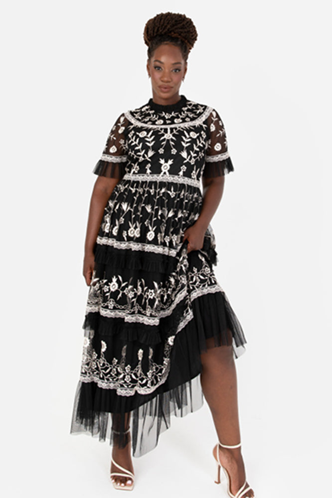 Maya Black and Ivory Plus Size Embroidered Tiered Midaxi Dress Maya | Curvy Chic Boutique Belfast
