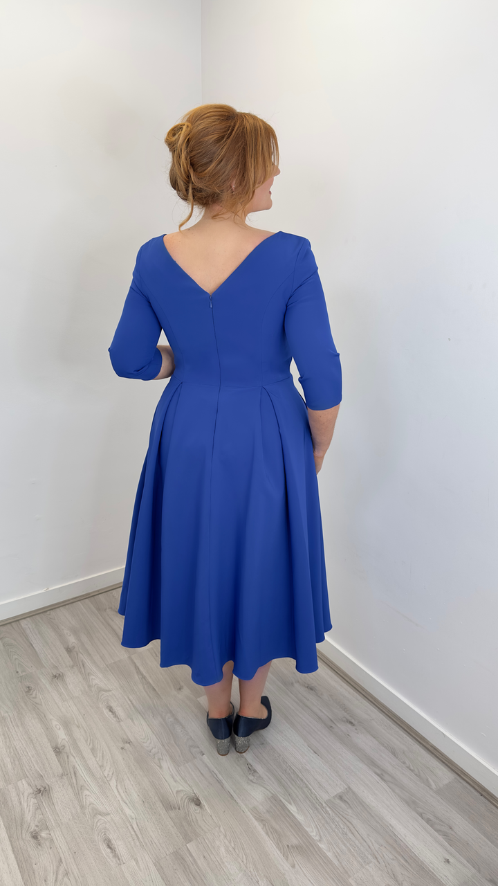 Royal Blue A-line Crepe Midi Dress with Sleeves + V-neck | 8033L