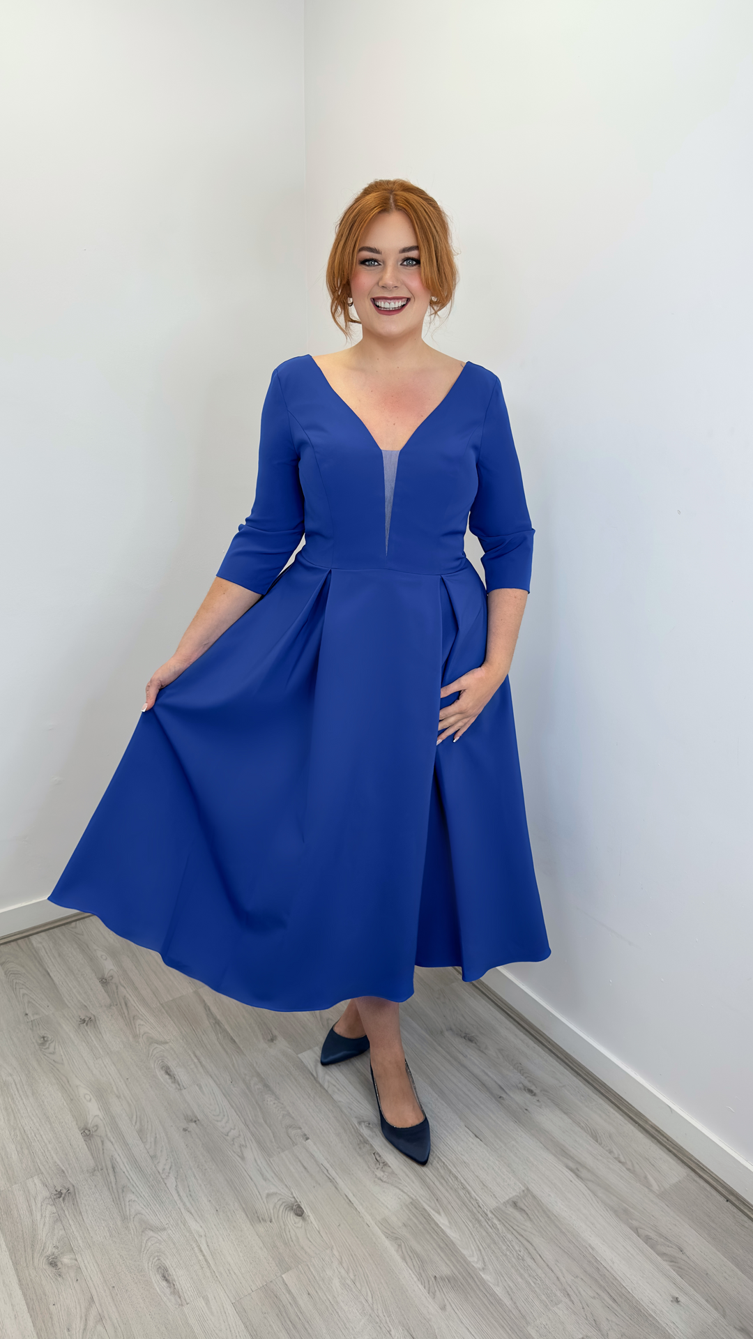 Royal Blue A - line Crepe Midi Dress with Sleeves + V - neck | 8033L Gino Cerruti | Curvy Chic Boutique Belfast