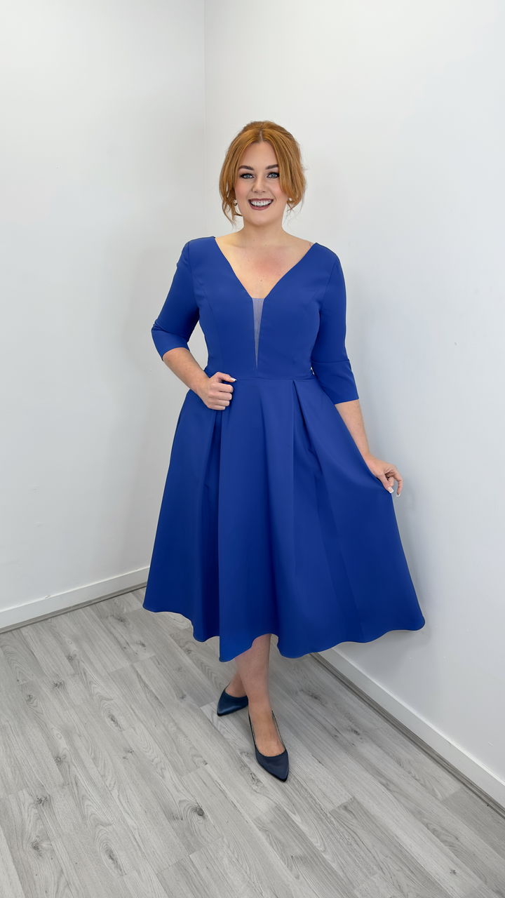 Royal Blue A - line Crepe Midi Dress with Sleeves + V - neck | 8033L Gino Cerruti | Curvy Chic Boutique Belfast