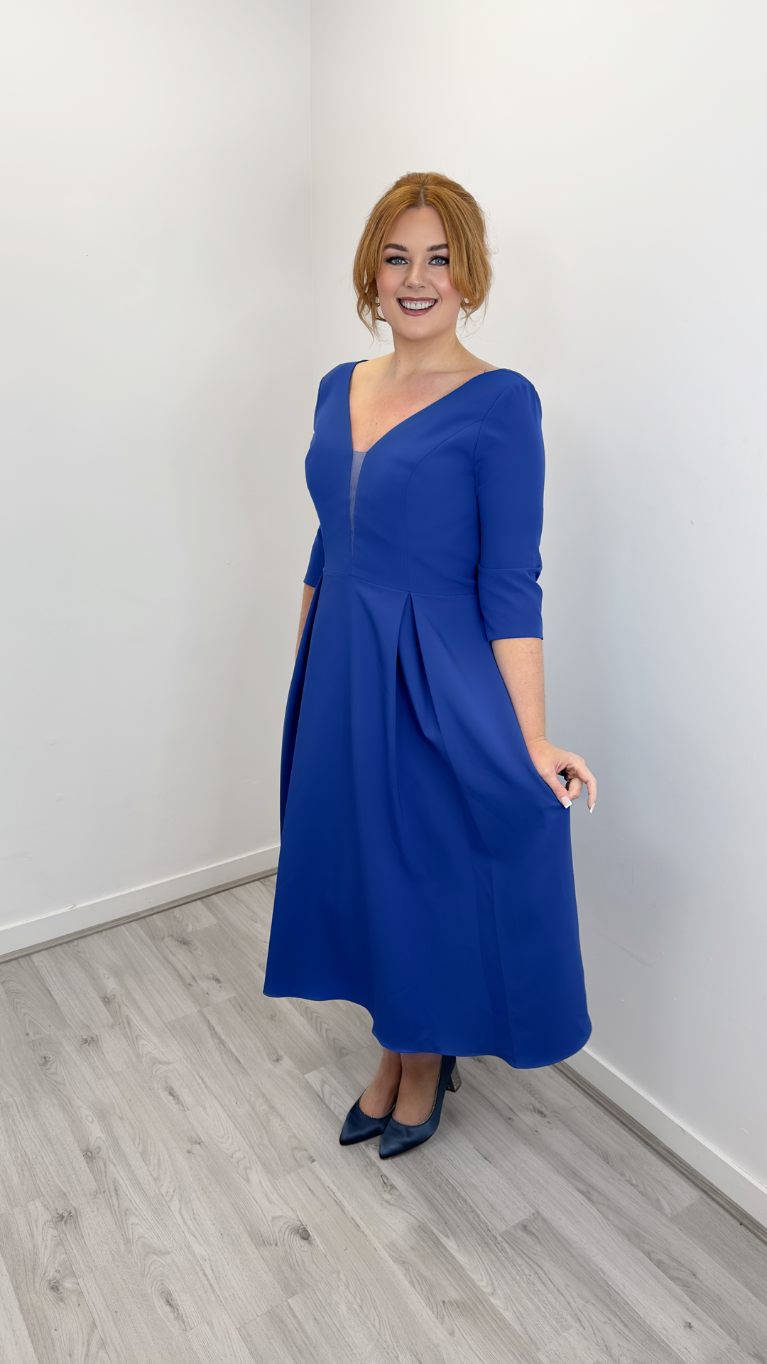 Royal Blue A - line Crepe Midi Dress with Sleeves + V - neck | 8033L Gino Cerruti | Curvy Chic Boutique Belfast