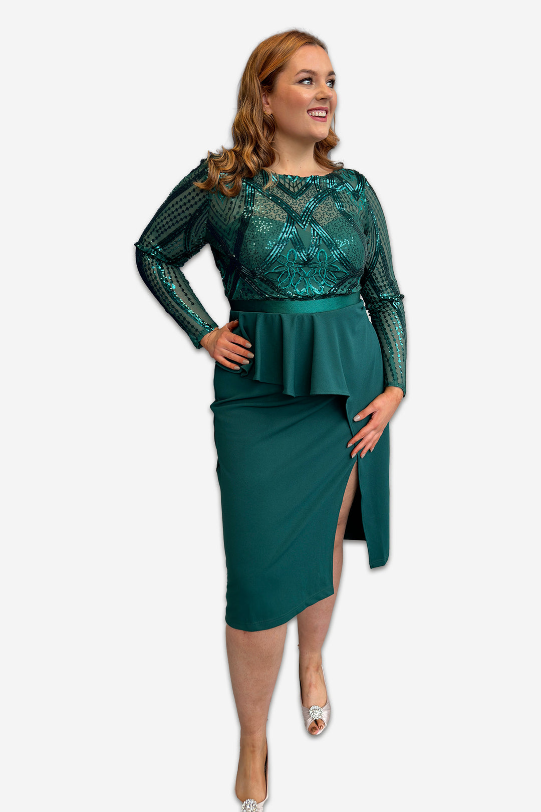 Emerald Sequin Bodice with Front Frill Plus Size Midi Dress Goddiva | Curvy Chic Boutique Belfast