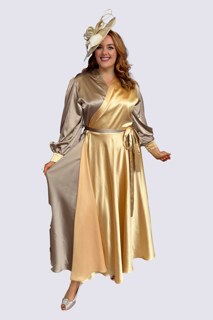 Long Sleeve Plus Size Satin Style Duo Colour Maxi Wrap Dress Curvy Chic Boutique | Curvy Chic Boutique Belfast