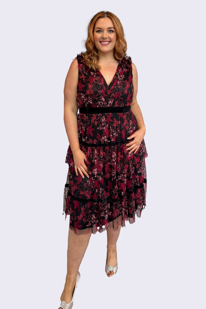 Anaya With Love Recycled Floral Red &amp; Black Midi Dress - Curvy Chic Boutique