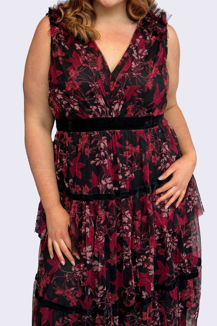 Anaya With Love Recycled Floral Red &amp; Black Midi Dress - Curvy Chic Boutique