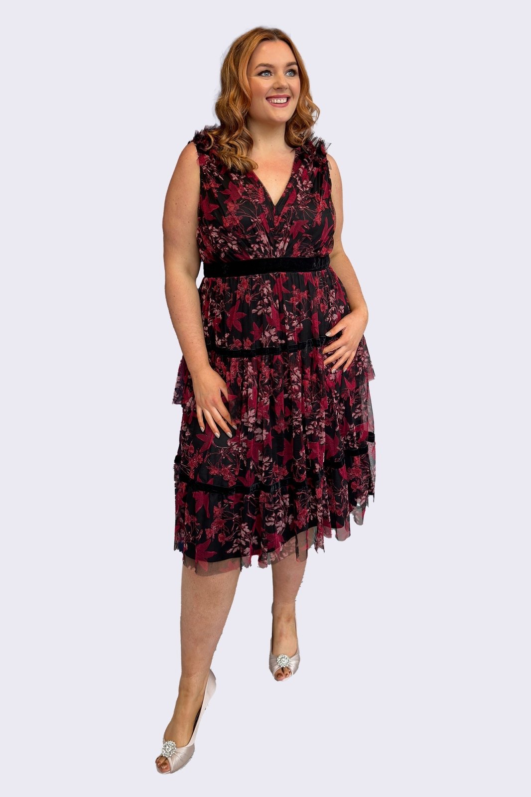 Anaya With Love Recycled Floral Red &amp; Black Midi Dress - Curvy Chic Boutique