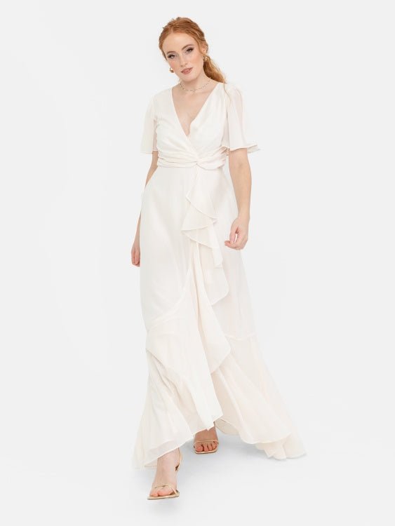 Ivory maxi dress with faux wrap bodice and ruffle detail
