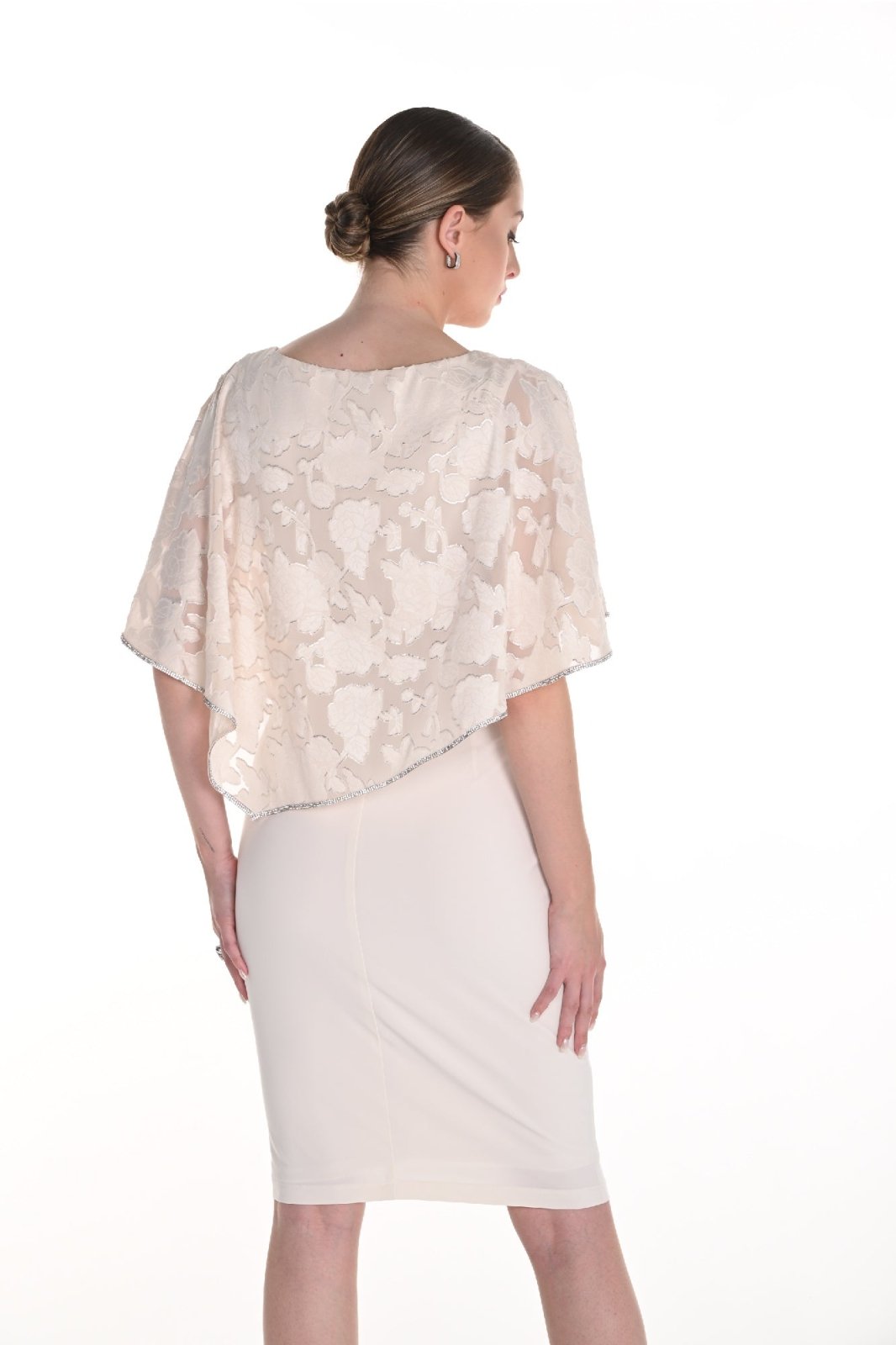 Cream Knee - Length Dress with Floral Shawl Overlay | Frank Lyman - Curvy Chic Boutique