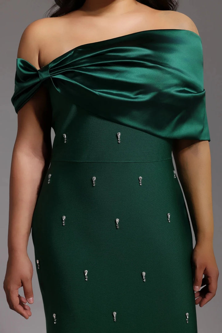 Emerald Green Off Shoulder Evening Gown with Ruched Neckline and Embellished Detail Rebecca James Boutique | Rebecca James (formerly Curvy Chic Boutique) Belfast