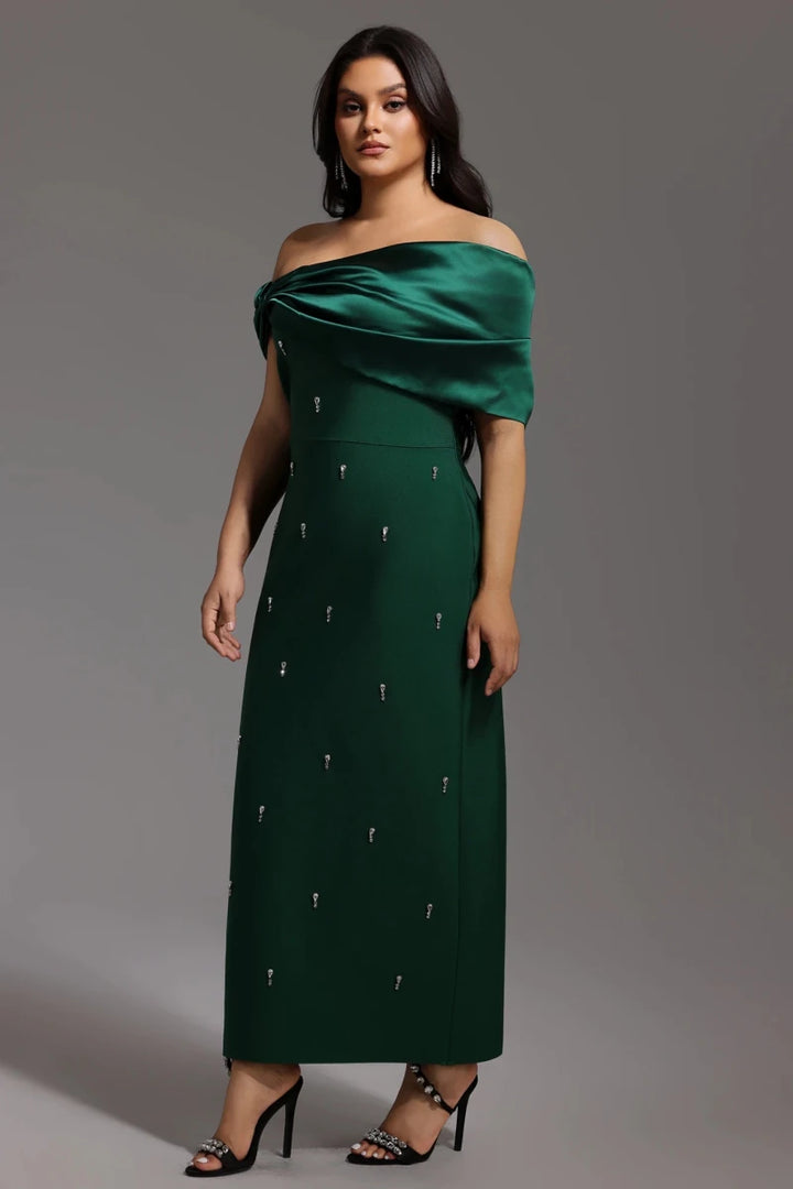 Emerald Green Off Shoulder Evening Gown with Ruched Neckline and Embellished Detail Rebecca James Boutique | Rebecca James (formerly Curvy Chic Boutique) Belfast