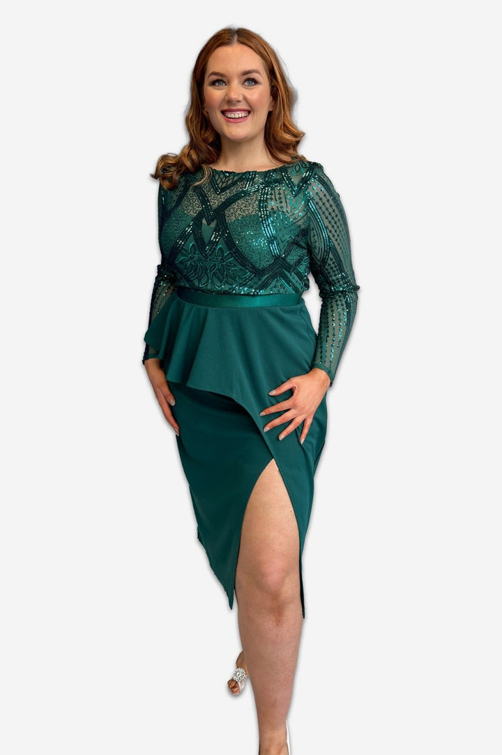 Emerald Sequin Bodice with Front Frill Plus Size Midi Dress - Curvy Chic Boutique