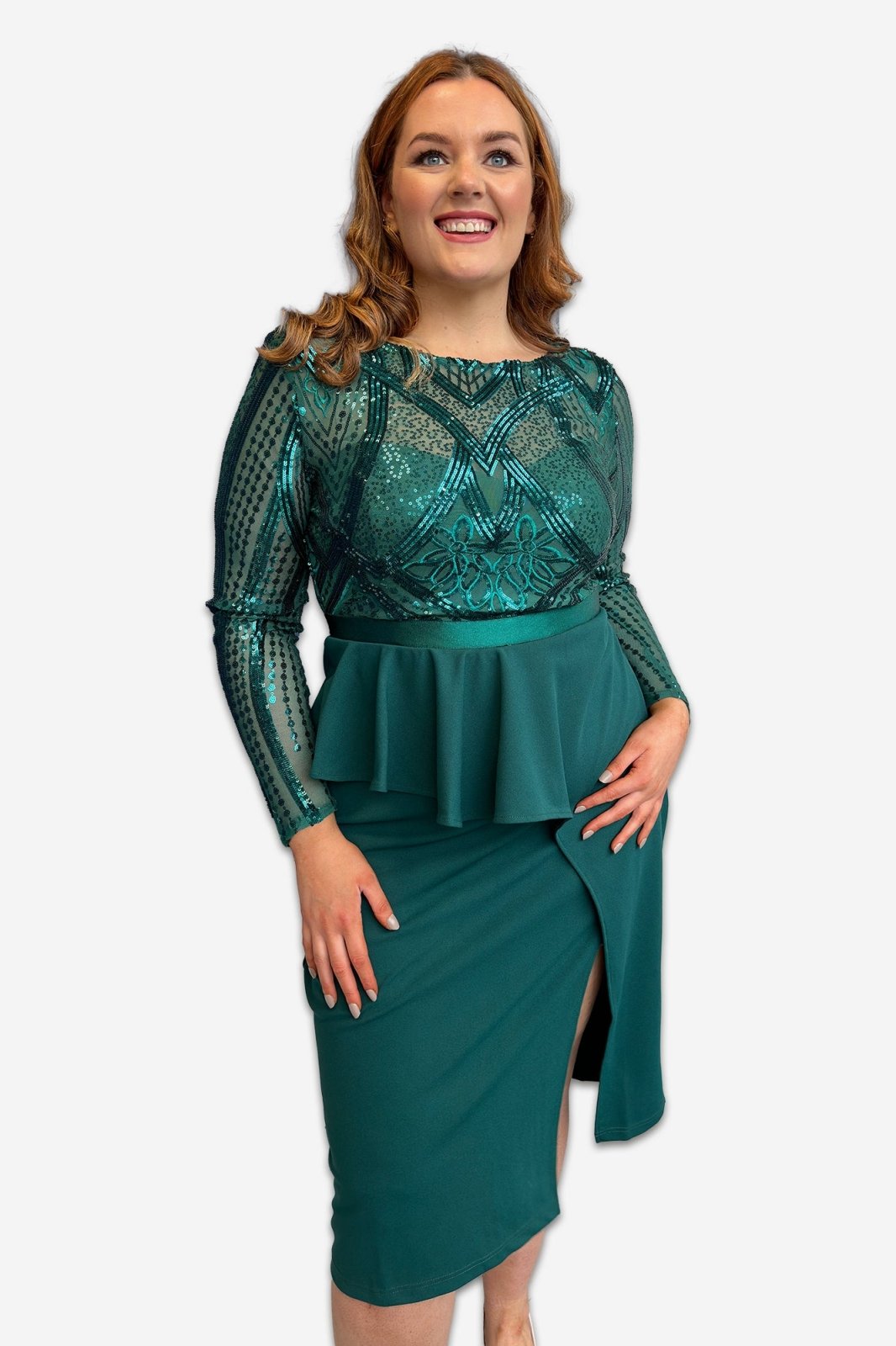 Emerald Sequin Bodice with Front Frill Plus Size Midi Dress - Curvy Chic Boutique