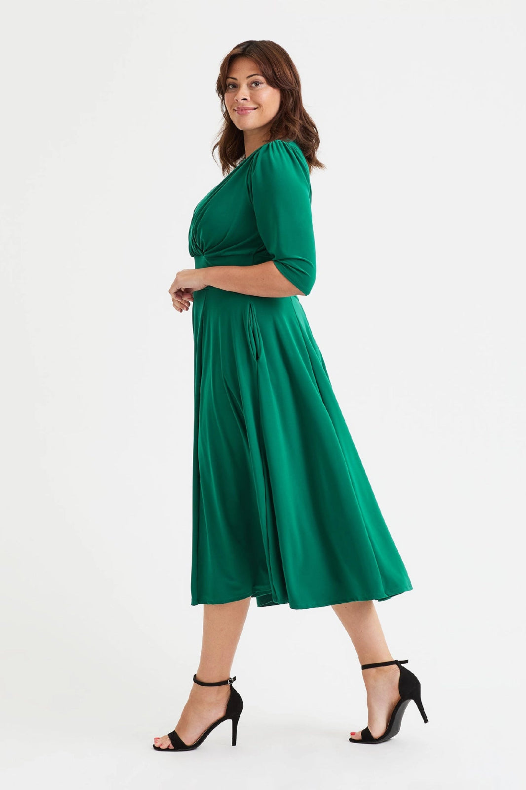 Helena Wrap Style Emerald Green Midi Dress | Scarlett &amp; Jo - Curvy Chic Boutique