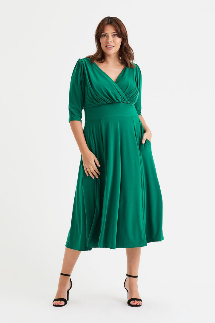 Helena Wrap Style Emerald Green Midi Dress | Scarlett &amp; Jo - Curvy Chic Boutique