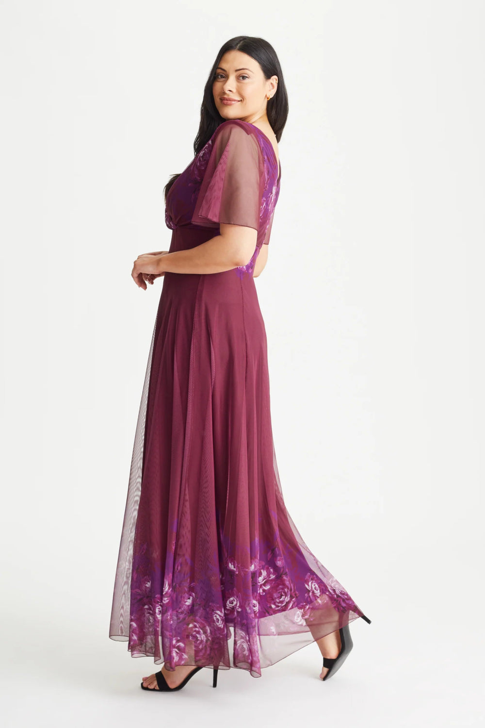 Isabelle Magenta Border Floral Float Sleeve Maxi Dress - Curvy Chic Boutique