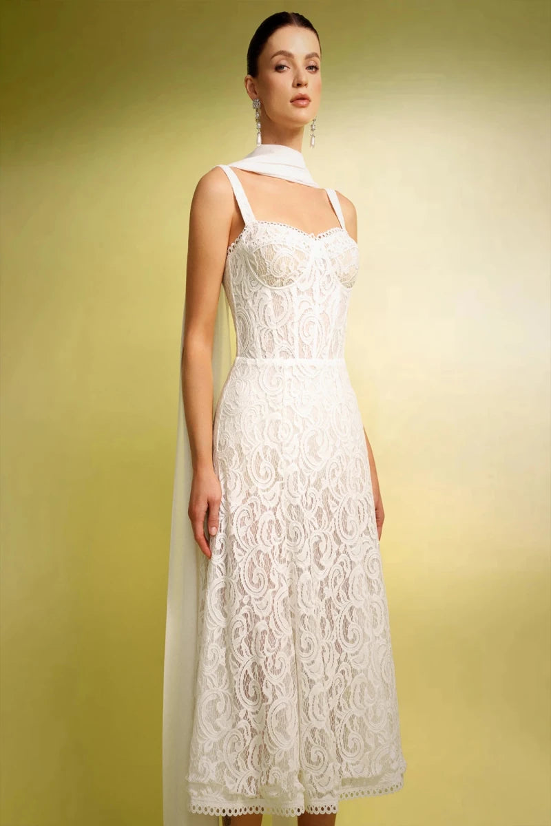 Ivory Lace Bridal Midi Dress with Straps and Chiffon Scarf Detail Rebecca James Boutique | Rebecca James (formerly Curvy Chic Boutique) Belfast
