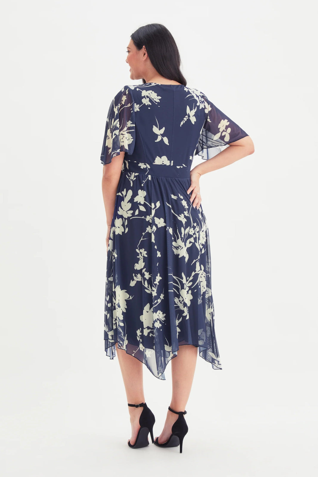 Julie Blue Cream Floral Hanky Hem Midi Dress | Scarlett &amp; Jo - Curvy Chic Boutique