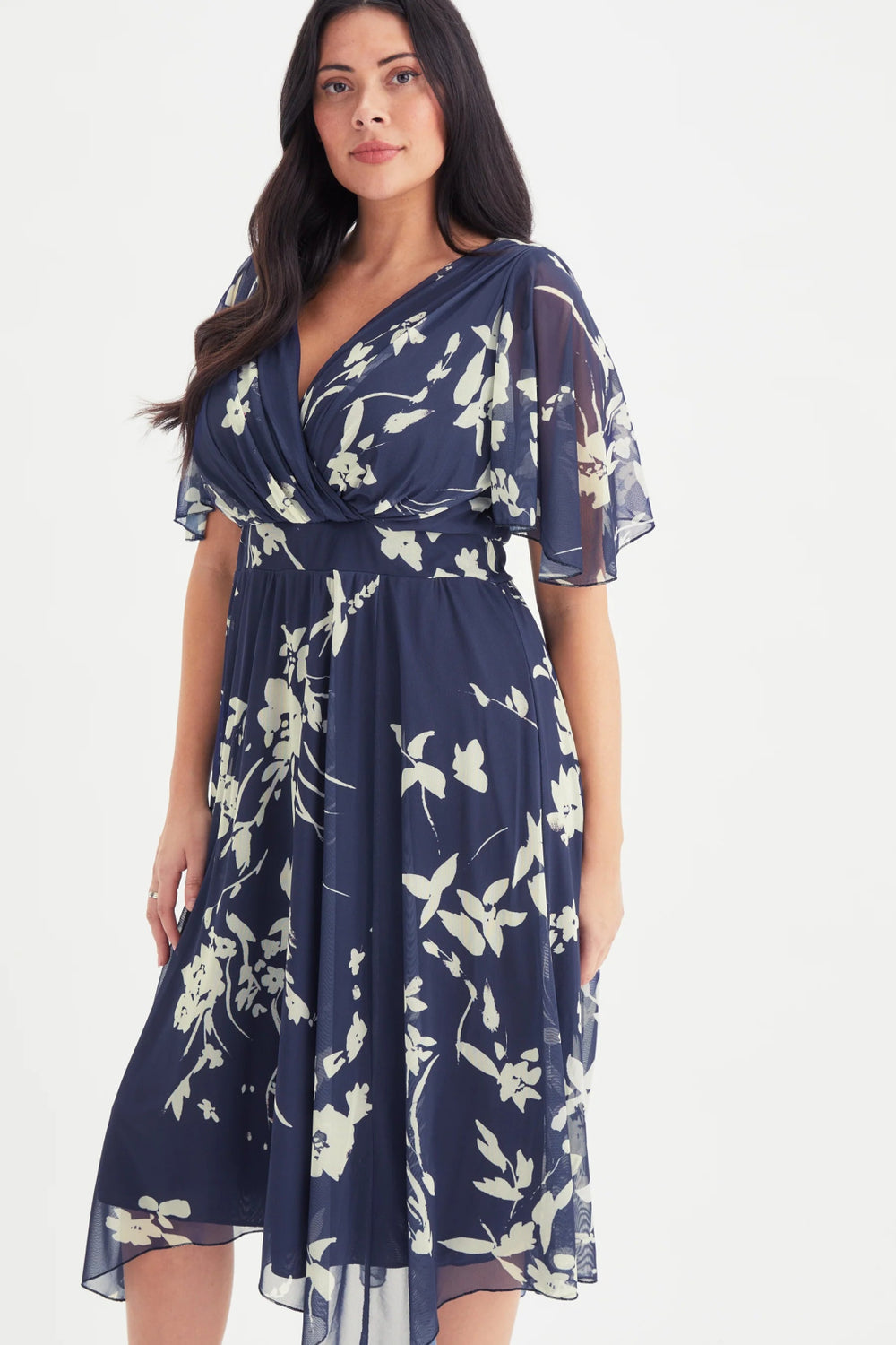 Julie Blue Cream Floral Hanky Hem Midi Dress | Scarlett & Jo - Curvy Chic Boutique