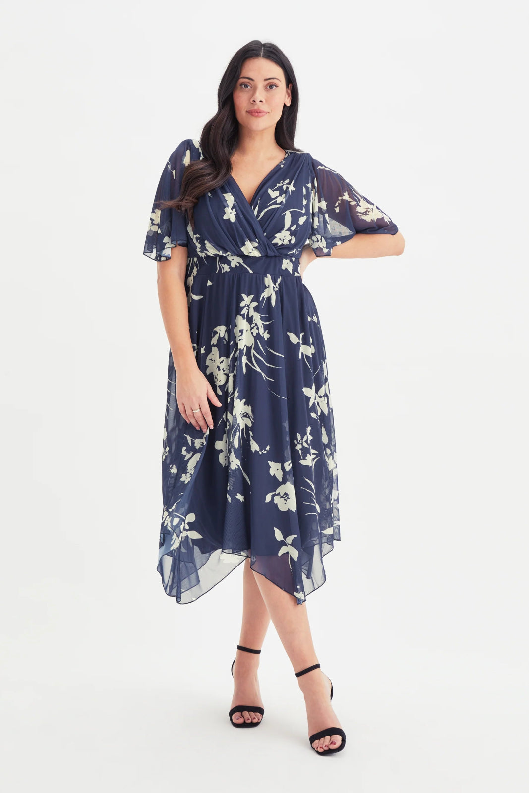 Julie Blue Cream Floral Hanky Hem Midi Dress | Scarlett & Jo - Curvy Chic Boutique