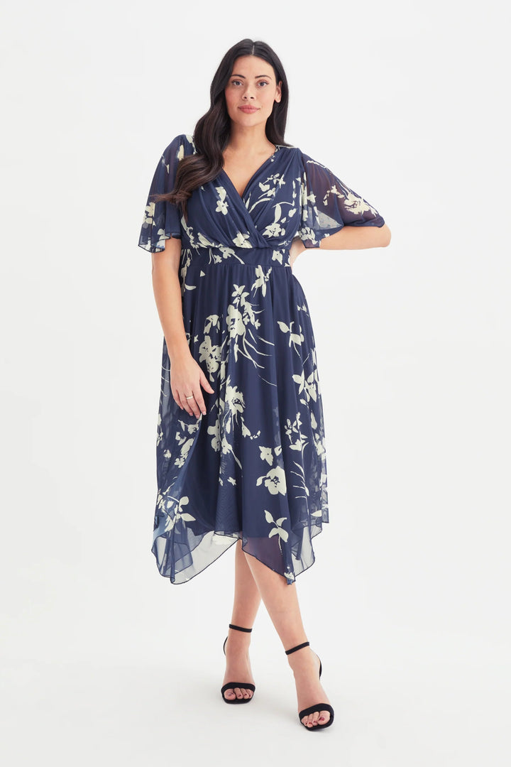 Julie Blue Cream Floral Hanky Hem Midi Dress | Scarlett &amp; Jo - Curvy Chic Boutique