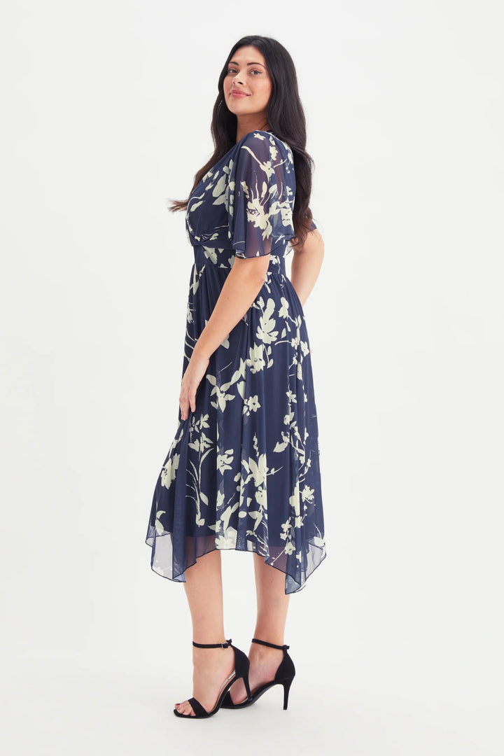 Julie Blue Cream Floral Hanky Hem Midi Dress | Scarlett &amp; Jo - Curvy Chic Boutique