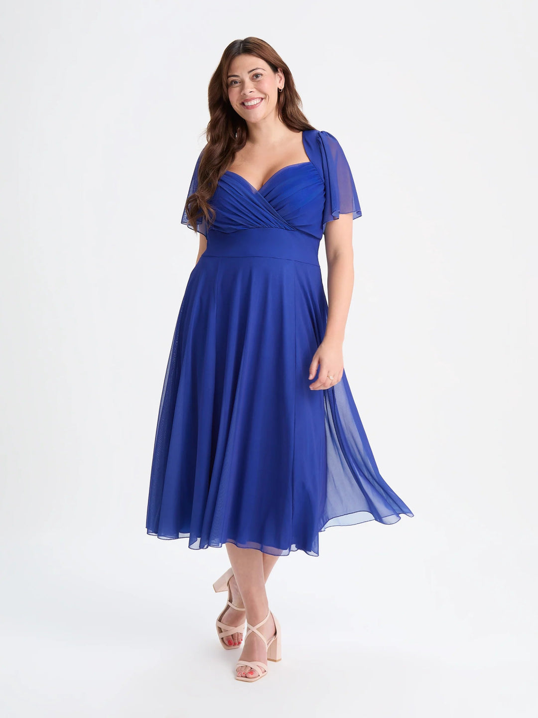Plus size blue wrap midi dress with angel sleeves and sweetheart neckline by Scarlett and Jo