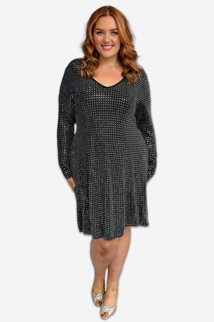 Long Sleeve Sequin A Line Plus Size Midi Dress in Silver