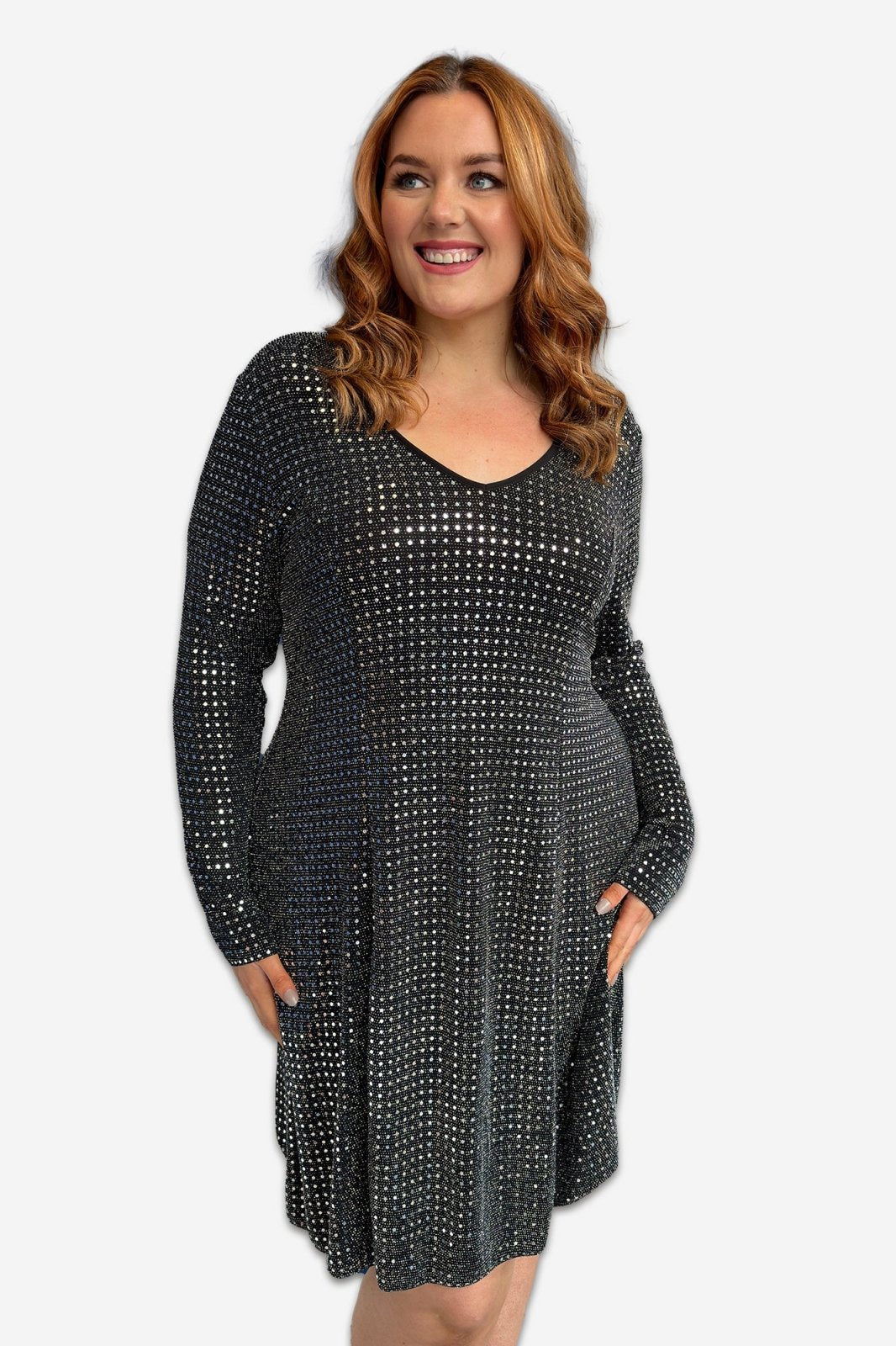 Long Sleeve Sequin A Line Plus Size Midi Dress in Silver | Curvy Chic Boutique