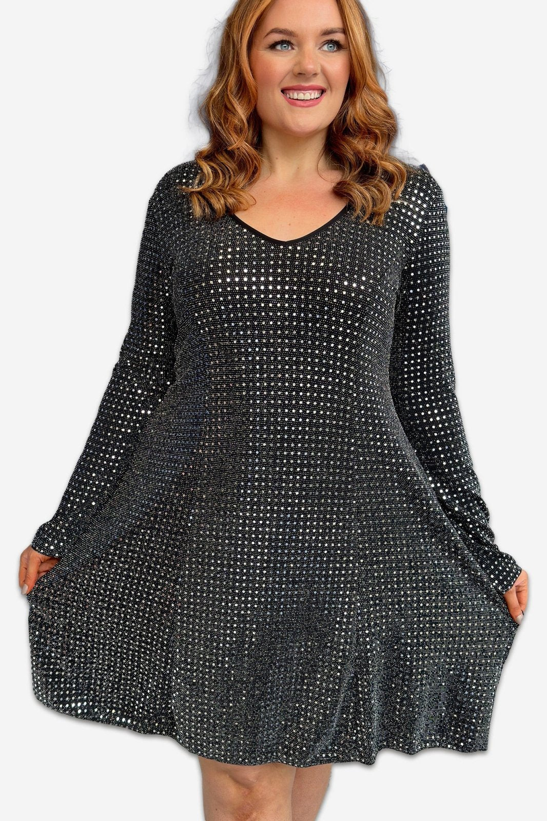 Long Sleeve Sequin A Line Plus Size Midi Dress in Silver