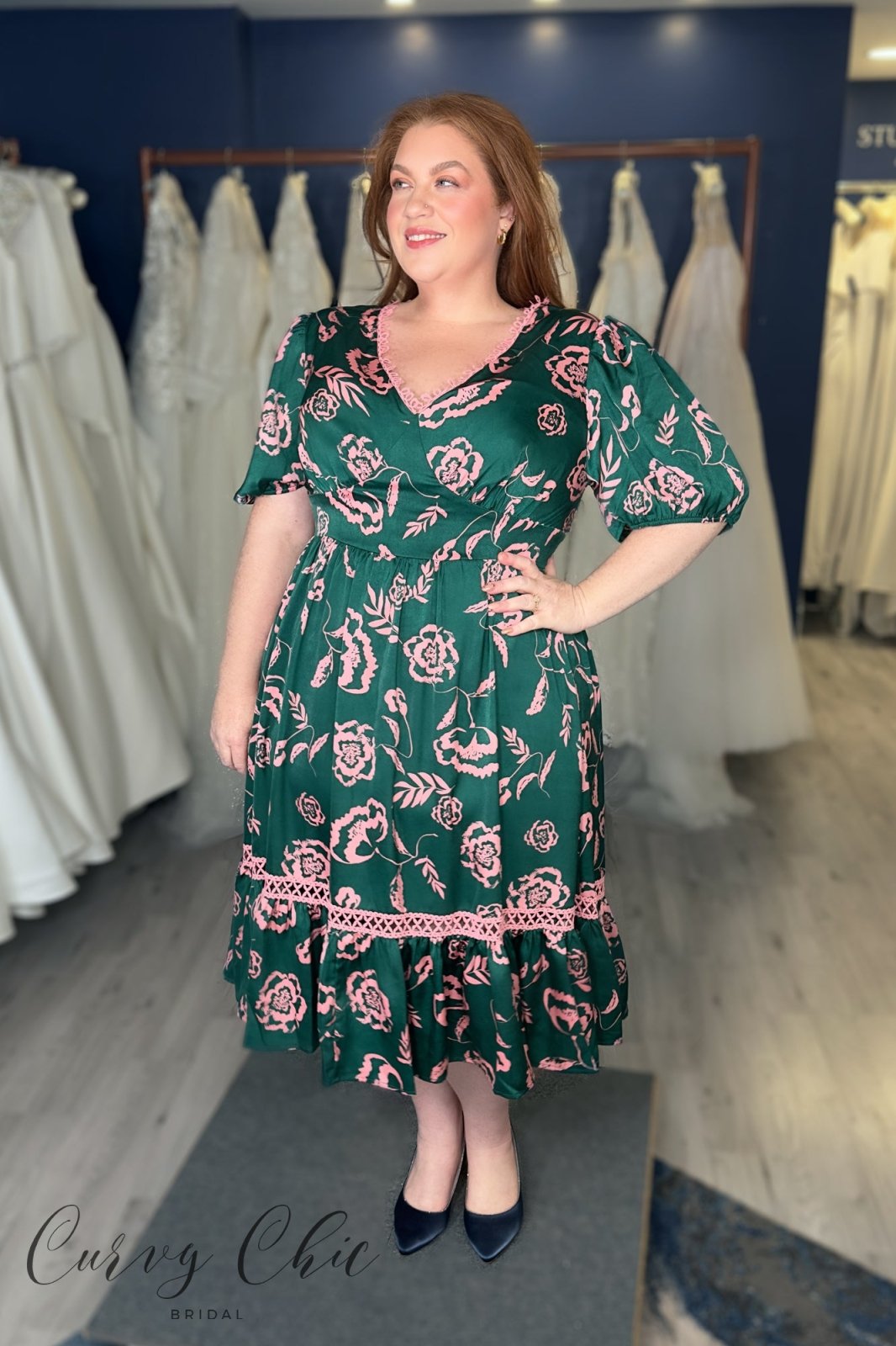 Lovedrobe Green &amp; Pink Floral Midi Dress with Lace Trim - Curvy Chic Boutique