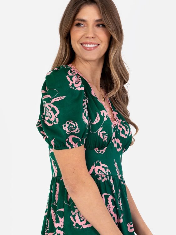 Lovedrobe Green &amp; Pink Floral Midi Dress with Lace Trim - Curvy Chic Boutique