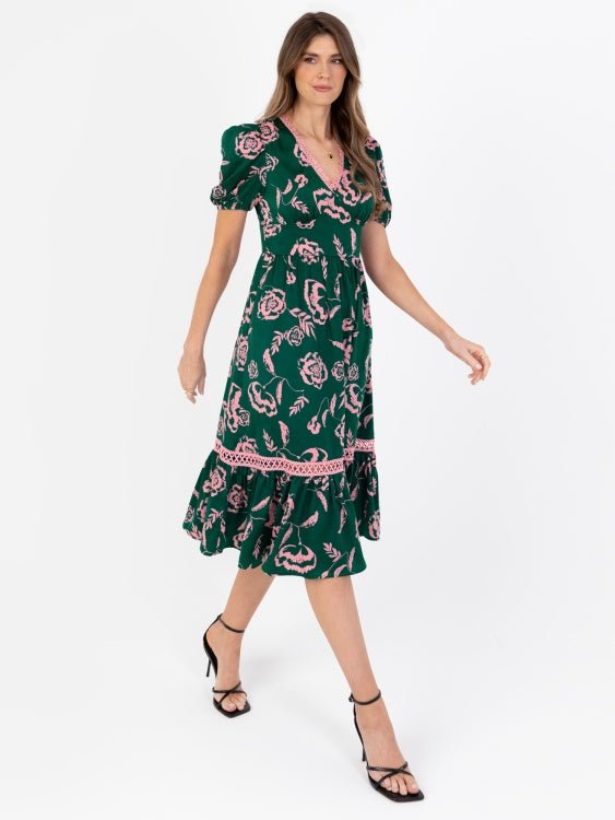 Lovedrobe Green &amp; Pink Floral Midi Dress with Lace Trim - Curvy Chic Boutique