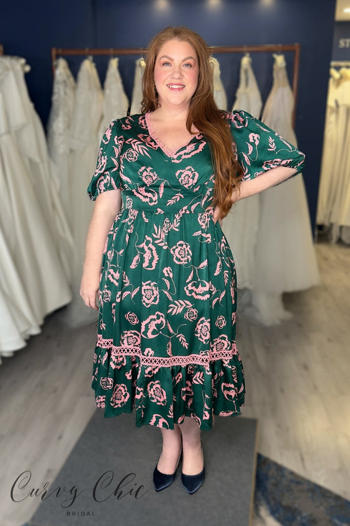 Lovedrobe Green &amp; Pink Floral Midi Dress with Lace Trim - Curvy Chic Boutique