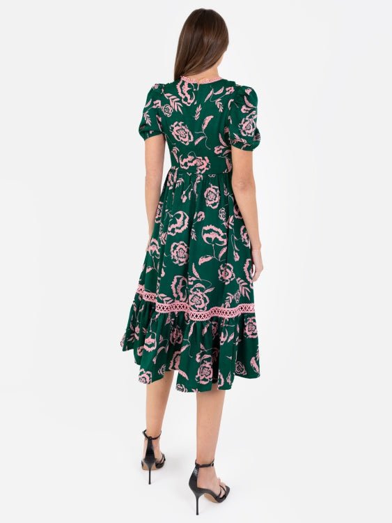 Lovedrobe Green &amp; Pink Floral Midi Dress with Lace Trim - Curvy Chic Boutique