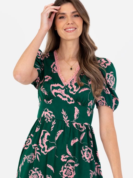 Lovedrobe Green &amp; Pink Floral Midi Dress with Lace Trim - Curvy Chic Boutique