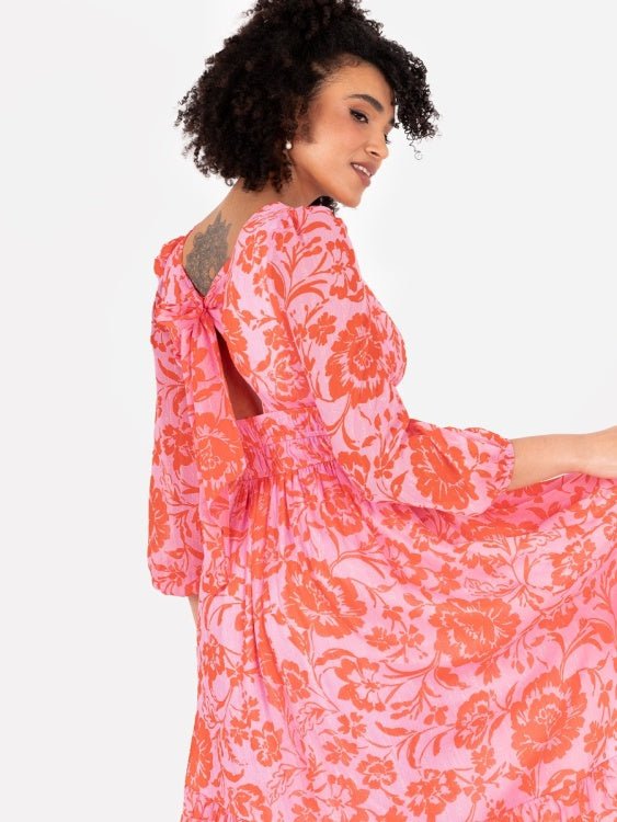Lovedrobe Pink Floral Long Sleeve Maxi Dress With Self-Tie Back - Curvy Chic Boutique