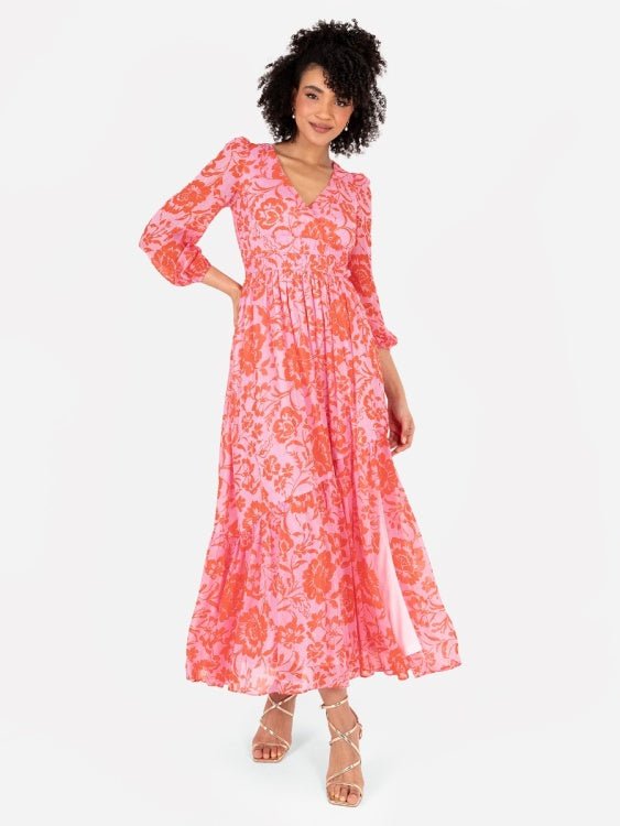 Lovedrobe Pink Floral Long Sleeve Maxi Dress With Self-Tie Back - Curvy Chic Boutique