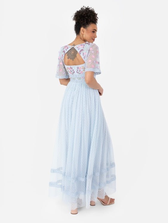 Maya Baby Blue Embroidered Spot Mesh Maxi Dress with Keyhole Back - Curvy Chic Boutique