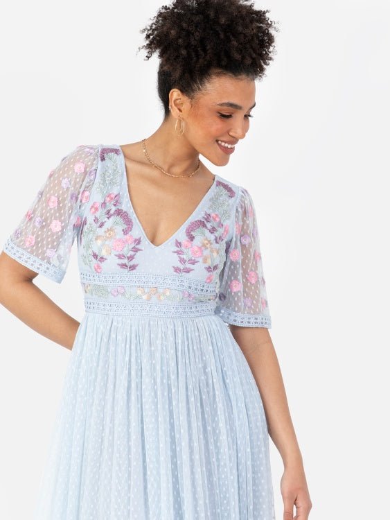 Maya Baby Blue Embroidered Spot Mesh Maxi Dress with Keyhole Back - Curvy Chic Boutique
