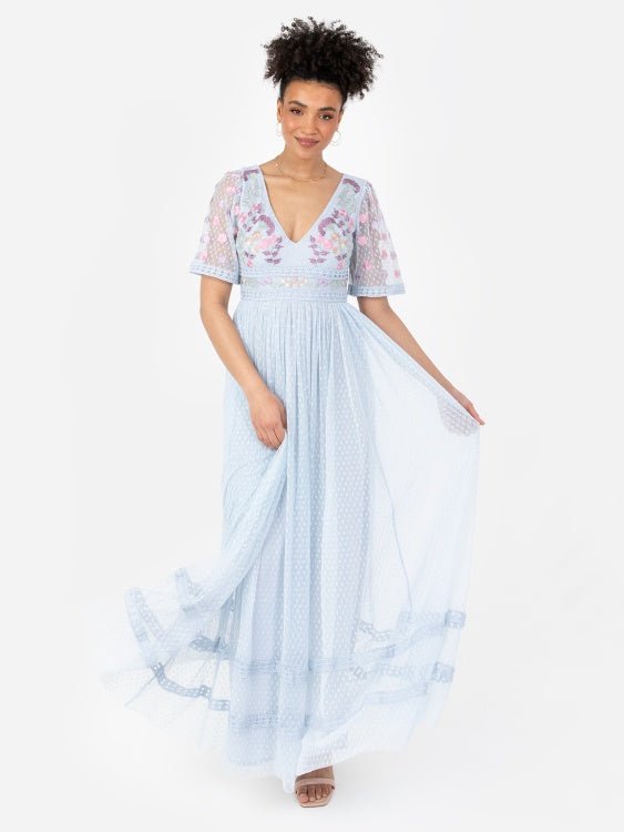Maya Baby Blue Embroidered Spot Mesh Maxi Dress with Keyhole Back - Curvy Chic Boutique