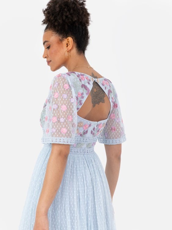 Maya Baby Blue Embroidered Spot Mesh Maxi Dress with Keyhole Back - Curvy Chic Boutique