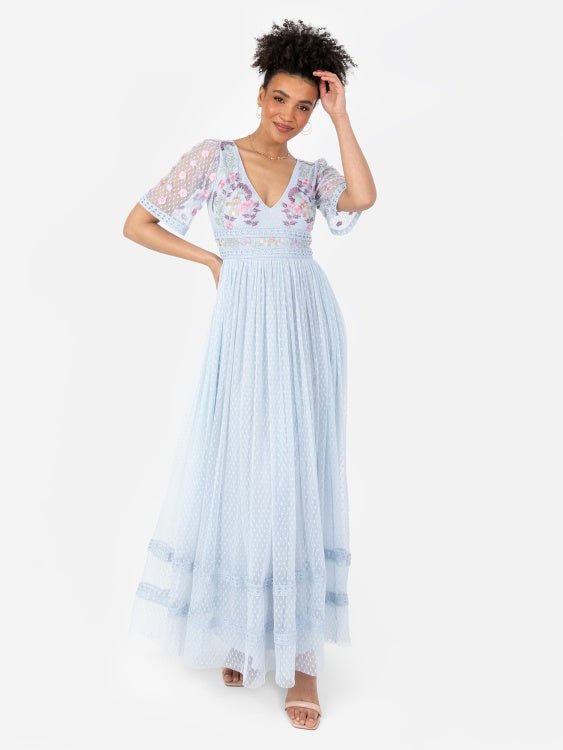Maya Baby Blue Embroidered Spot Mesh Maxi Dress with Keyhole Back - Curvy Chic Boutique
