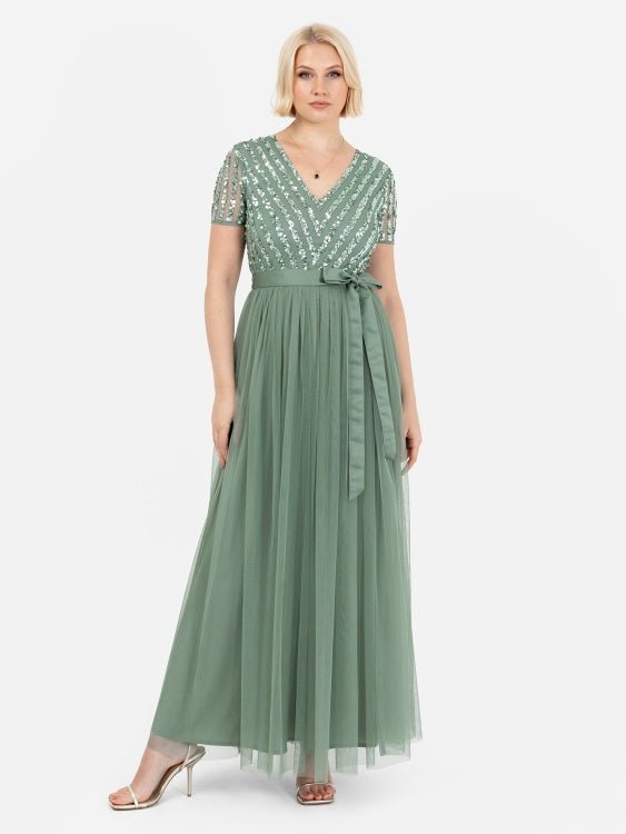 Full length plus size green A line maxi dress with short sleeves and embellishment - Curvy Chic Boutique