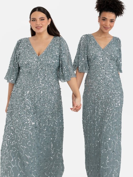 Maya Misty Green Fully Embellished Angel Sleeve Maxi Dress - Curvy Chic Boutique