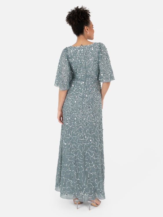 Maya Misty Green Fully Embellished Angel Sleeve Maxi Dress - Curvy Chic Boutique