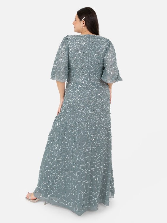 Maya Misty Green Fully Embellished Angel Sleeve Maxi Dress - Curvy Chic Boutique