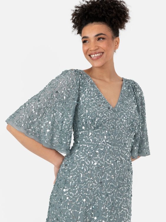 Maya Misty Green Fully Embellished Angel Sleeve Maxi Dress - Curvy Chic Boutique