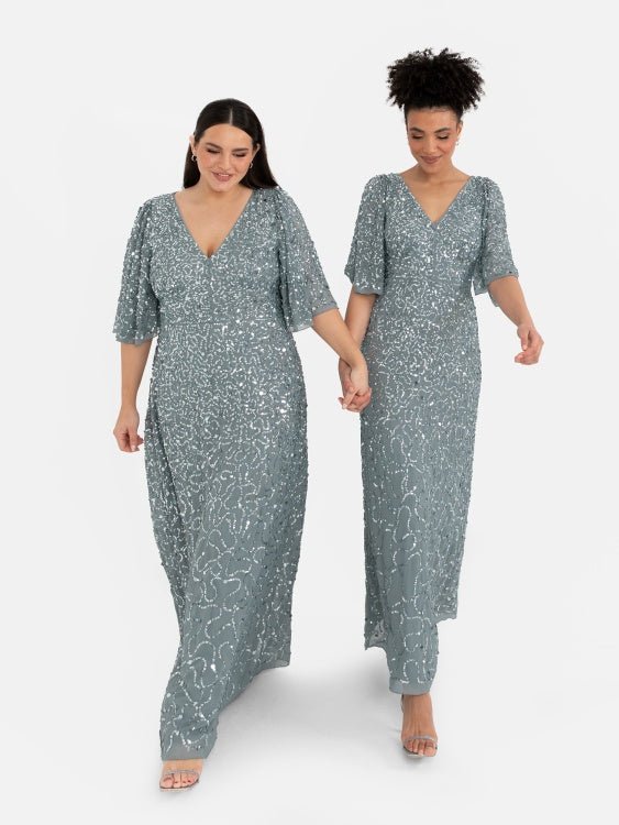 Maya Misty Green Fully Embellished Angel Sleeve Maxi Dress - Curvy Chic Boutique